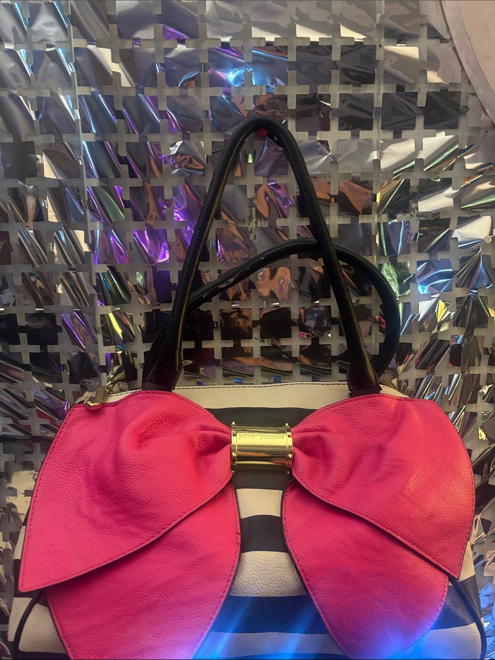 Betsey Johnson Hot Pink Bow Striped Shoulder Bag